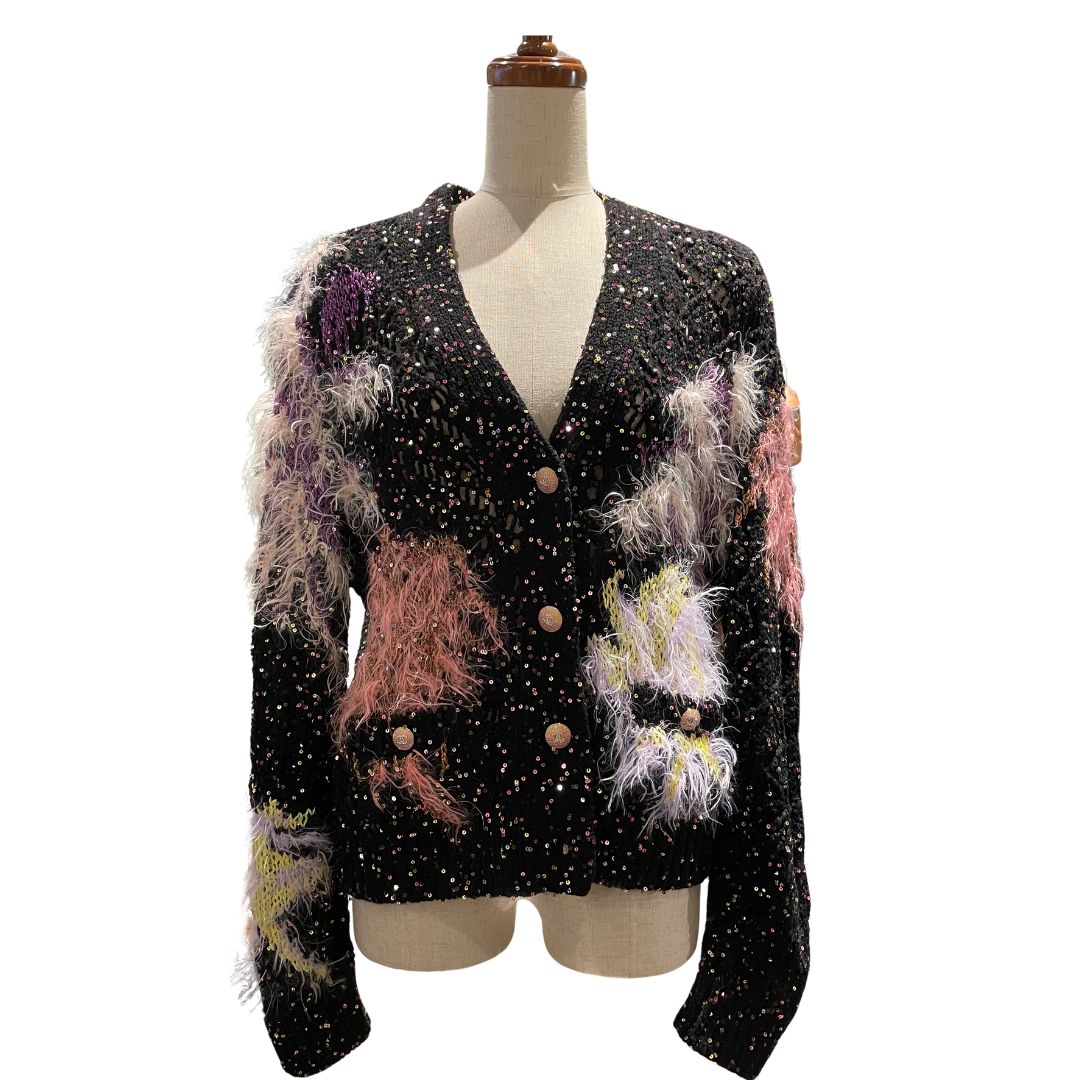 カーディガン<br>グリッター ウール<br>×ミックス ファイバー<br>ブラック×マルチカラー<br>P76616K11030<br>【USED】