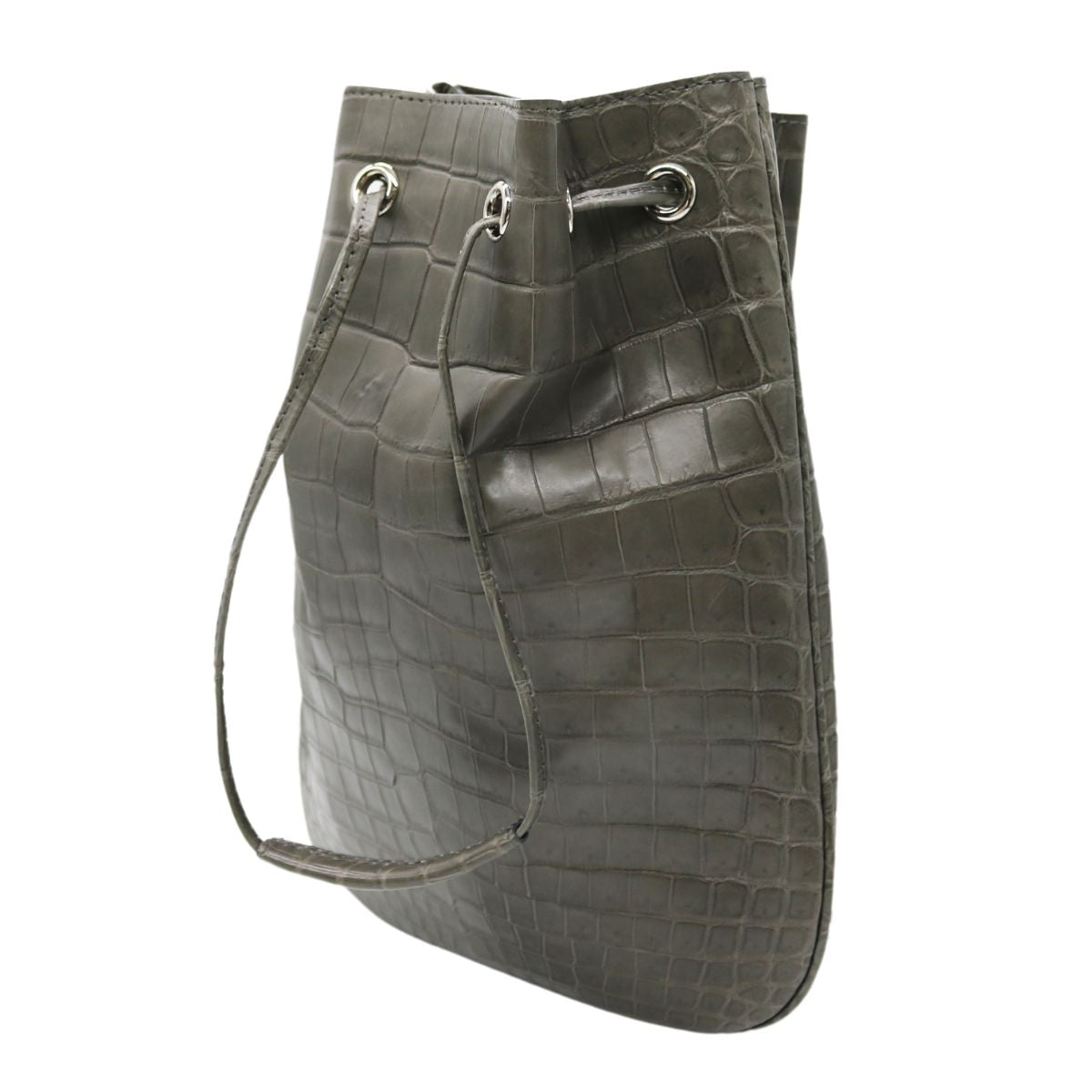 CROCODILE【クロコダイル】<br>オリジナルバッグ<br>巾着バッグ<br>クロコダイルレザー<br>グレーブラウン/オレンジ<br>【NEW】
