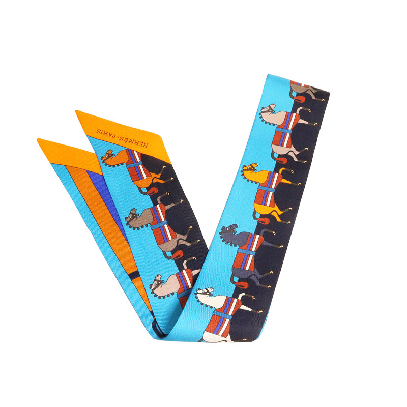 シルク<BR>ツイリー馬柄<BR>ブルー/ネイビー/オレンジ<BR>【USED】