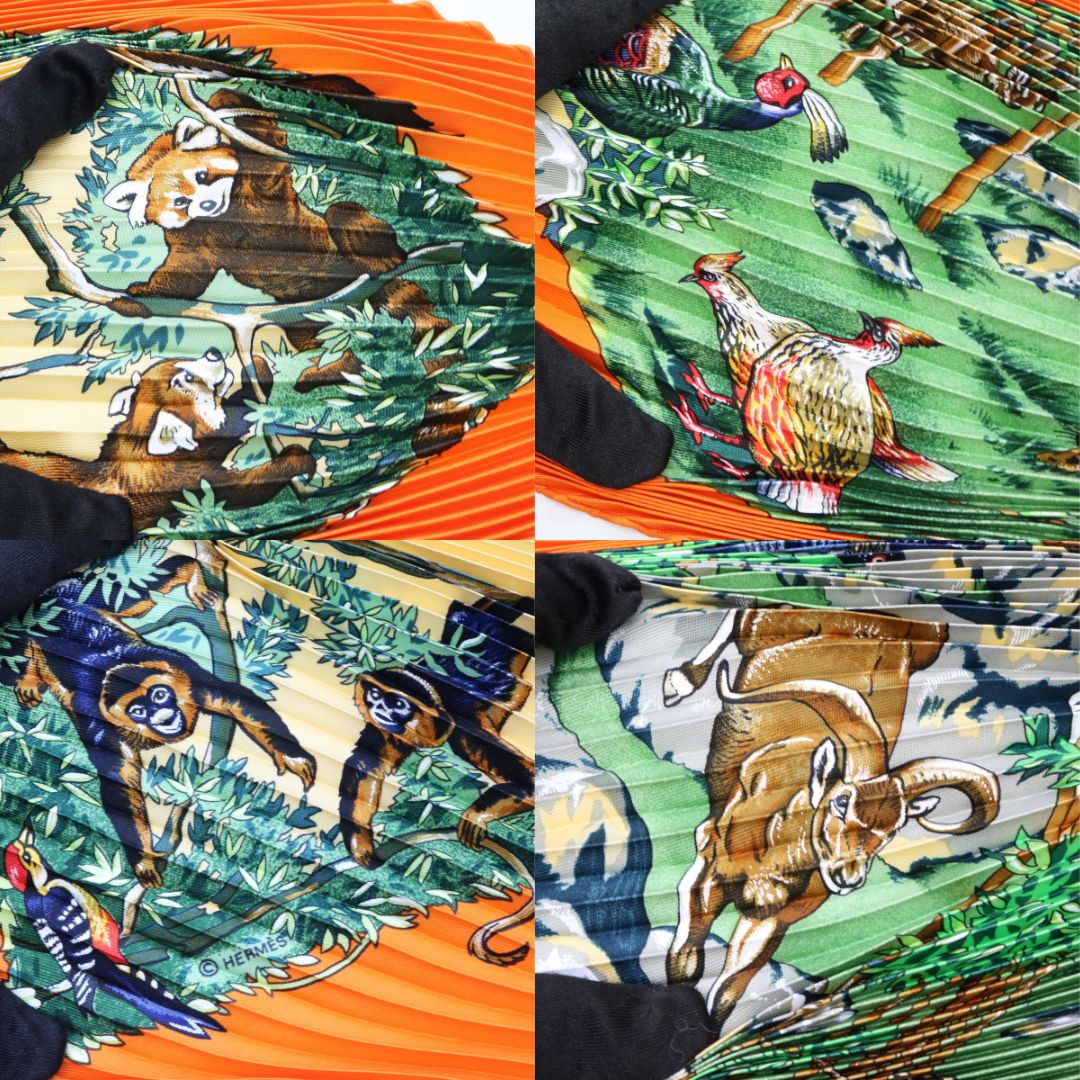 プリーツ スカーフ アニマル柄<br>シルク100％<br>オレンジ×マルチカラー<br>【未使用品】