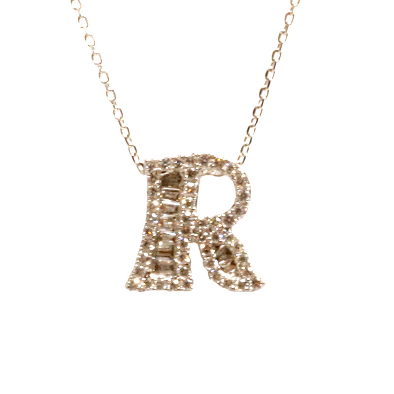 K18WG/D0.30ct<BR>イニシャル バゲットダイヤモンド <BR>ネックレス「R」<BR>【NEW】