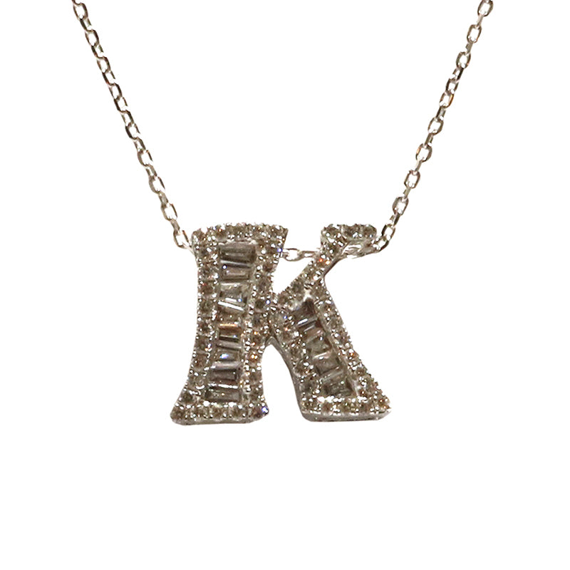 K18WG/D0.30ct<BR>イニシャル バゲットダイヤモンド <BR>ネックレス「K」<BR>【NEW】
