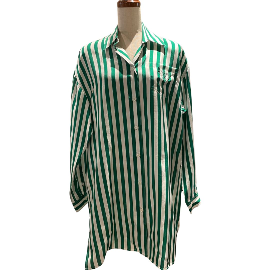 ブリントシルク シャツ<br>ホワイト×グリーン<br>【USED】