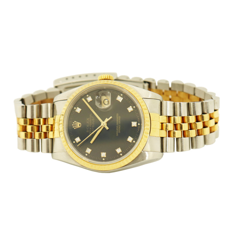ROLEX　ロレックス　デイトジャスト　16233G/L番　SS×YG　ブラック文字盤　10Pダイヤ