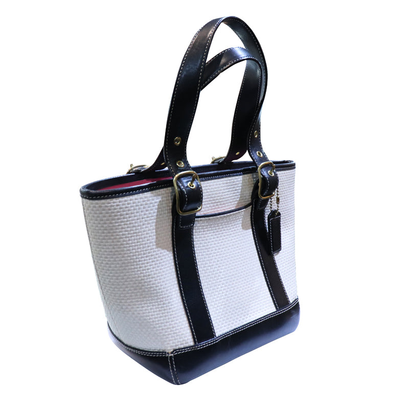 COACH　コーチ　アイボリー×ブラック　ストローハンドバッグ【中古】