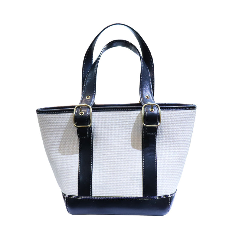 COACH　コーチ　アイボリー×ブラック　ストローハンドバッグ【中古】